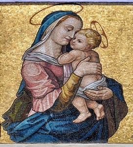 madonna, mosaico, bambino, oro, gesù, aureole, blu, aureola