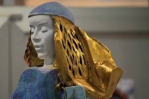 oro, statua, donna, gesso, velo, capelli, azzurro, viso, celeste, copricapo, sfocato
