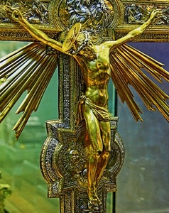 crocifisso, croce, oro, raggi, corona, gesù, aureola, scultura, cristo, corpo, braccia, dorato, gambe