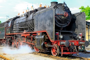 treno, locomotiva, vapore, binari, nero, ruote, fumo, rosso, rotaie