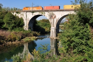 ponte, treno, alberi, archi, fiume, acqua, riflesso, riflessi, verde, vagoni, piante, cespugli, locomotiva, cielo, giallo, ferrovia, merci, arcate