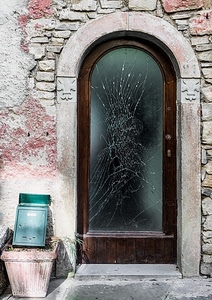 porta, vetro, vaso, arco, cassetta, posta, muro, portone, rotto