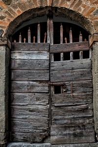 legno, porta, arco, portone, mattoni, vecchio, chiavistello, vecchia, antico, catenaccio, lucchetto