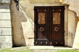porta, muro, oro, legno, batacchi, ombra, portone, marrone, rilievi, dorato