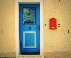 porta, blu, rosso, lettere, batacchio, cassetta, posta, azzurra, vetro, grata, buca