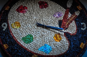mosaico, colori, orologio, rosso, lancette, tavolozza, giallo, verde, numeri, bianco, azzurro, blu, tessere, ore, grigio, celeste