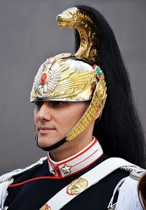 elmo, corazziere, nero, divisa, uomo, carabiniere, oro, sottogola, stellette, rosso, copricapo, uniforme, militare, ritratto, bocca, bianco, criniera, coda, bandoliera, pennacchio, stella, viso