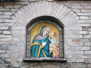 madonna, edicola, arco, mattoni, bambino, muro, azzurro, giallo, piastrelle, gesù, ceramica, sacro, dipinto, votiva, immagine