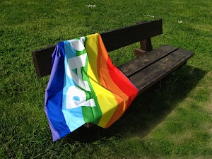 bandiera, panchina, pace, erba, verde, prato, rosso, colori, azzurro, giallo, blu, legno, scritta, bianco, parco, simbolo, arcobaleno