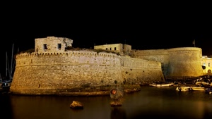 castello, mare, notturno, barche, notte, acqua, fortezza, torri, torrioni, mura, porto, torre