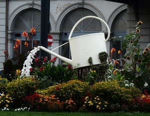 fiori, bianco, innaffiatoio, aiuola, archi, giardino, abbeveratoio, annaffiatoio