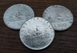 monete, cinquecento, argento, tre, lire, caravelle, vele, navi, lettere, metallo, numeri, repubblica, italia, bandiere, soldi, scritta