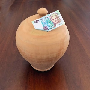 salvadanaio, lire, mille, terracotta, banconota, marrone, tavolo, risparmio, moneta, numeri, cartamoneta, soldi, carta