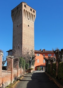 torre, alberi, strada, casa, muro, cielo, azzurro, ombra, mattoni
