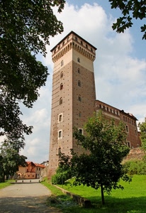 torre, alberi, finestre, castello, prato, strada, verde, viale, case