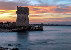 torre, tramonto, mare, acqua, nuvole, cielo