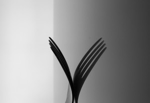 forchetta, bianconero, riflesso, ombra, grigio, rebbi, bianco, ombre, minimal, nero, minimalismo