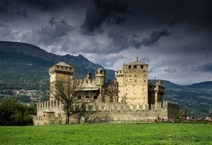 castello, prato, verde, nuvole, torri, cielo, torre, montagna, merli, alberi