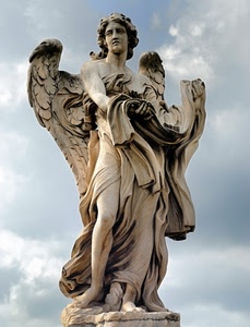 angelo, ali, statua, marmo, cielo, nuvole