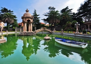 alberi, ponte, acqua, barca, riflessi, tempietto, verde, riflesso, cielo, laghetto, palme, fontana, tempio, colonne, bianco, parco, giardino, nuvole, vasca, blu