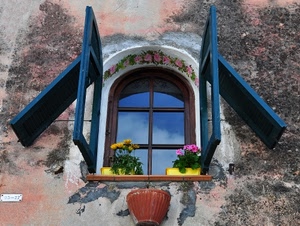 finestra, fiori, persiane, vasi, blu, vetri, vaso, giallo, arco