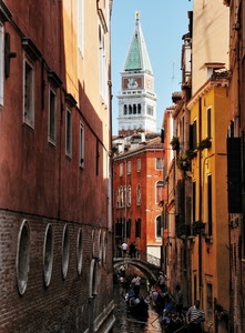 venezia, canale, campanile, gondole, ponte, scorcio, finestre