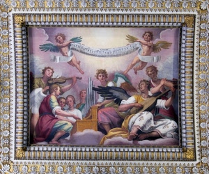 angeli, musica, dipinto, organo, violino, affresco, cornice, musicisti, ali, quadro, flauto, nuvole, soffitto, nastro, strumenti