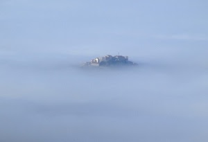 nebbia, case, bianco, nuvole, borgo, panorama, inverno, monte, paese