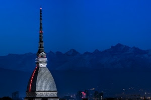 torino, mole, luci, montagne, cupola, blu, notte, notturno