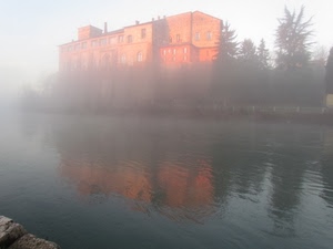fiume, nebbia, alberi, riflesso, acqua, foschia, casa, castello, case