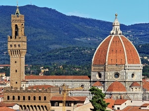cupola, firenze, torre, duomo, tetti, chiesa, gru, colline, panorama, campanile