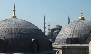 cupole, cielo, oro, moschea, finestre, punte, tetti, minareti, azzurro