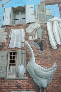 finestre, oca, mattoni, murales, murale, bianco, panni, muro, dipinto, cavallo, disegno, becco, ringhiera, finestra, ante, uovo, inferriata, cigno, facciata, animale