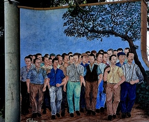 albero, murales, uomini, persone, muro, murale, dipinto, disegno, cielo, gruppo