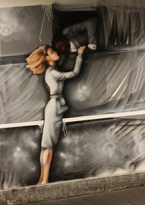 murales, donna, grigio, bacio, uomo, finestra, dipinto, capelli, treno, amanti, due, muro