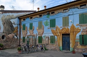 biciclette, murales, finestre, porta, comignoli, murale, casa, case