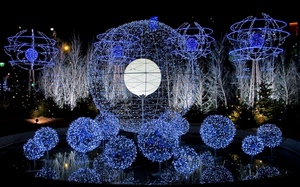 luci, blu, sfere, palle, notte, luminarie, notturno, palline, lampione, bianco