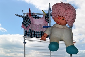 bambola, mollette, rosa, cielo, vestiti, vestito, stendino, bucato, blu, pezza