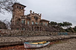 barca, villa, alberi, foglie, finestre, muro, canale, palazzo