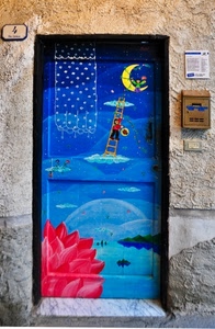 porta, cassetta, numero, scala, luna, rosso, posta, azzurro, dipinto, campanello, blu, disegno, nuvole, giallo, civico, muro, colori, quattro, fiore