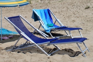 sabbia, spiaggia, sdraio, blu, due, ombrellone, sedie, asciugamani, asciugamano