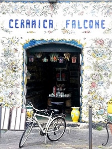 bicicletta, negozio, insegna, vaso, ceramica, giallo, vasi, ceramiche, bottega