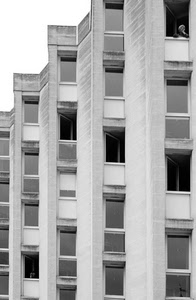 finestre, bianconero, palazzo, persona, donna, vetri, affacciata, grattacielo, cemento