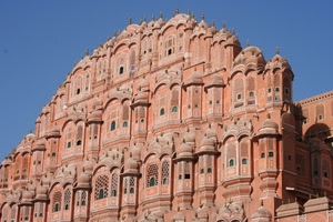 finestre, palazzo, cupole, cielo, edificio, balconi, facciata, grate, rosa, india