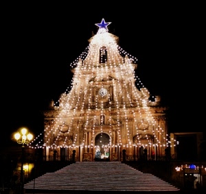 chiesa, natale, luci, stella, albero, scale, scalinata