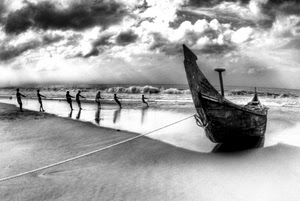 barca, mare, spiaggia, nuvole, bianconero, cielo, pescatori, corda, onde, sabbia, fune, persone, uomini