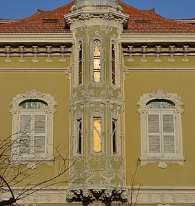 finestre, tetto, liberty, casa, decorazioni, palazzo, persiane, verde, giallo, rami, bovindo