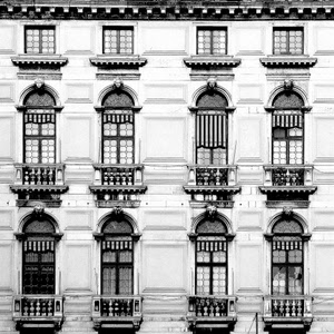 balconi, finestre, bianconero, palazzo, archi, vetri, facciata
