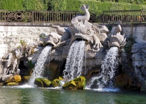 acqua, fontana, ringhiera, tritoni, verde, statue, tre, bocche, pesci, cascate