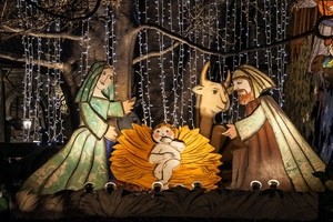 presepe, madonna, giuseppe, natale, bambino, luci, natività, bue, bambinello, alberi